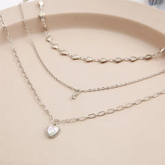 Three-Piece Suit Heart Pendant Necklace: Multi-Layered Opal Metal Design in Silver Color for Women