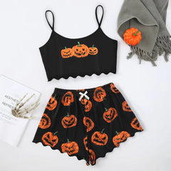 Spooktacular Comfort: Women's Halloween-Themed Polyester Fiber Two-Piece Pajama Set