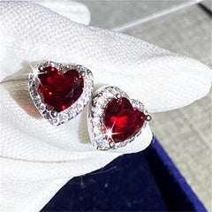 Radiant Love: Red Heart Zirconia Necklace, Earring, and Ring Set - Valentine's Gift