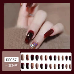 24Pcs Full Cover Fake Nails with 3D White Flower Design Full Cover Press on Fingernails Tips Coffin Head Glitter Red False Nails