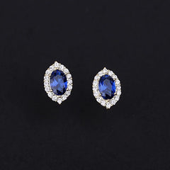 Metiseko 925 Sterling Silver Plated 14K Gold Stud Earrings: Elegant Retro Style with Sapphire-Colored Oval Zircon for Women