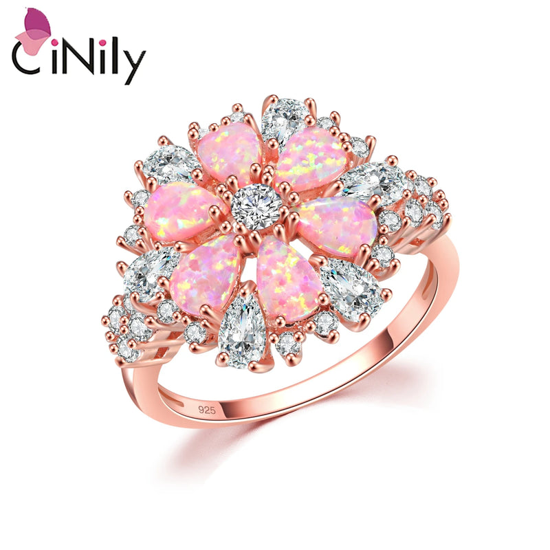 CiNily Lavish Large Pink Fire Opal Ring: Rose Gold Color, Clear Crystal Flower Flora Cherry Blossom Jewelry for Women