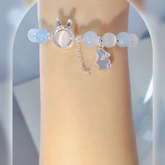 Rabbit Pendant Opal Beaded Bracelet: Aqua Blue Moonstone Crystal Hand String Chain