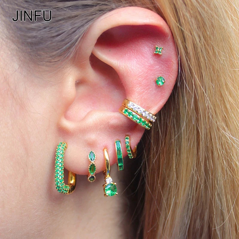 JINFU Emerald CZ Zircon Clip Drop Hoop Earrings For Women Fashion Gold Plated Piercing Famale Earring Set 2023 Jewelry Wholesale