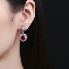 Wong Rain Vintage 925 Sterling Silver Drop Earrings: Oval Cut Ruby with High Carbon Diamond Gemstones, 7x9MM