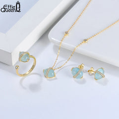 Effie Queen 925 Sterling Silver Aquamarine Jewelry Set 14K Gold Plated Gemstone Earrings Necklace Ring Set Jewelry Gift SSGM04