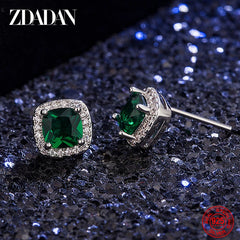 ZDADAN 925 Sterling Silver 9mm Square Emerald Earring For Women Fashion Jewelry