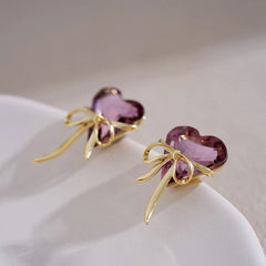 Versatile Elegance: Purple Crystal Love Earrings for Women, Bow-Styled Versatile Studs