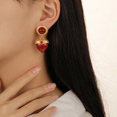 Chic Vintage: Retro Matte Red Love Resin Earrings with Niche Design, Infusing Light Luxury