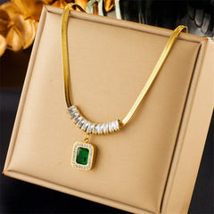 316L Stainless Steel Square Emerald Zircon Thick Chain Necklace Bracelet Earring Set Joyeria Acero Inoxidable Por Lotes