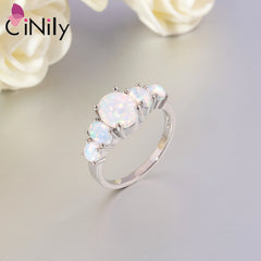 CiNily White Fire Opal Rings with Oval Big Stone: Silver Plated Wedding Engagement Minimalist Bohemia Boho Jewelry