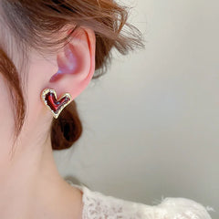 Cute and Classic: Red Enamel Metal Heart Earrings for Women with Gold Plating Post Studs