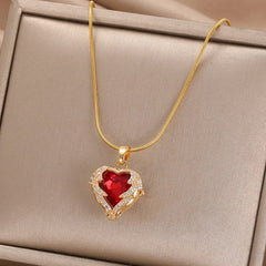 Radiant Heart: Colorful Zircon Pendant on Golden Stainless Steel Chain - Symbol of Love