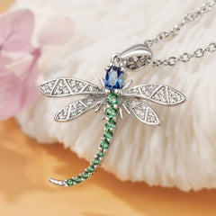 Korean Fashion Sapphire Emerald Zircon Dragonfly Pendant Necklace for Women