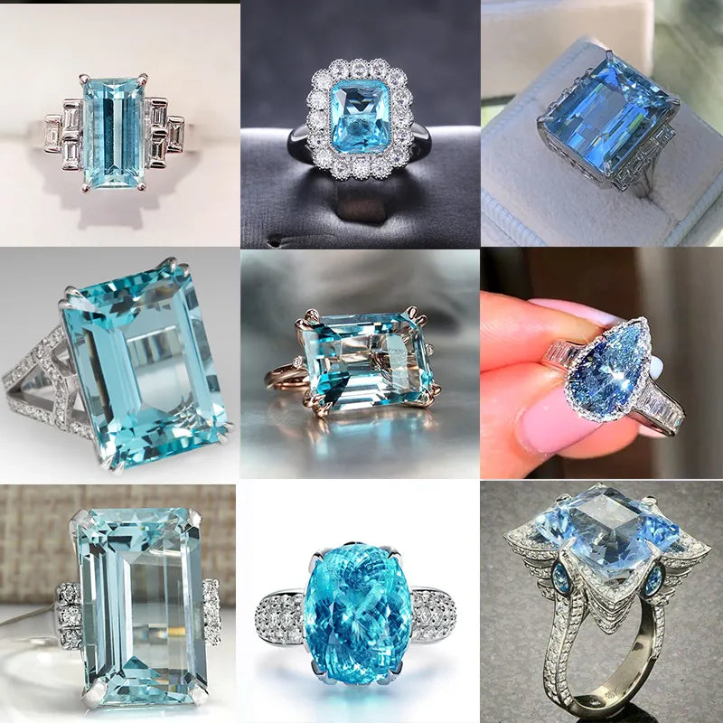 Bulk Aquamarine Silver Color Wedding Engagement Rings For Women Huge Sky Blue Cubic Zircon Prong Setting Valentine's Gift