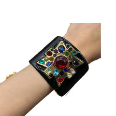 European and American Trend Heavy Industry Bracelet: Black Enamel Glaze with Ruby Accents and Rhinestone Glass Inlay