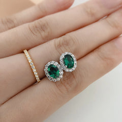 (2Ct Total)1.0Ct each Oval Cut Lab Emerald Stud Earrings 18K White Gold AU750 Stud Earring Female Jewelry E073