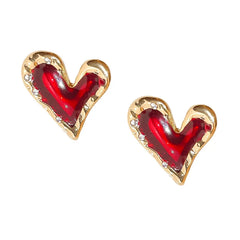 Cute and Classic: Red Enamel Metal Heart Earrings for Women with Gold Plating Post Studs