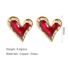 Cute and Classic: Red Enamel Metal Heart Earrings for Women with Gold Plating Post Studs