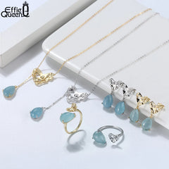 Effie Queen Natural Aquamarine Gemstone 925 Sterling Silver Jewelry Set Earrings Ring Necklace Set Bridal Wedding Jewelry SSGM05