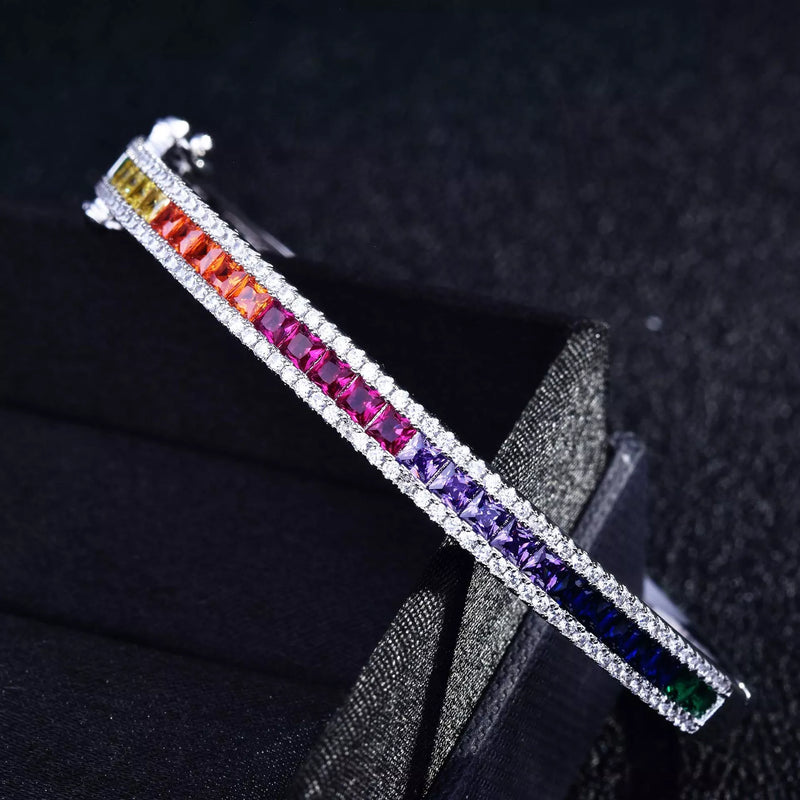 WPB Luxury Rainbow Zircon Bangle: Colored Square Diamond, Platinum Plating