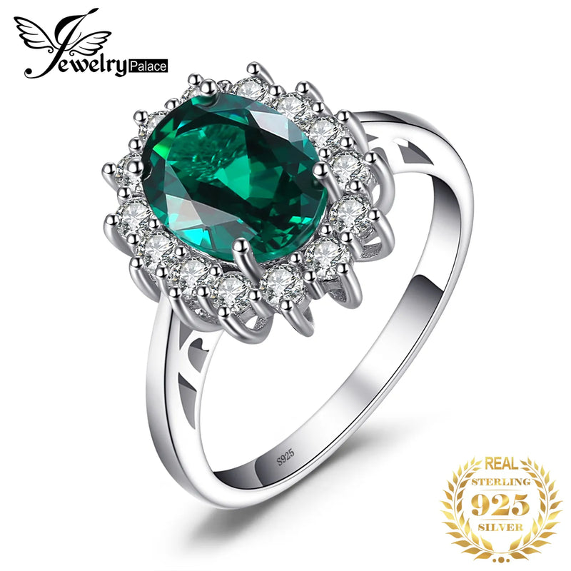 JewelryPalace Princess Diana Simulated Emerald Created Ruby 925 Sterling Silver Halo Ring for Women: Yellow Gold and Rose Gold Plated Options