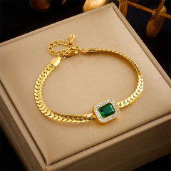 316L Stainless Steel Square Emerald Zircon Thick Chain Necklace Bracelet Earring Set Joyeria Acero Inoxidable Por Lotes