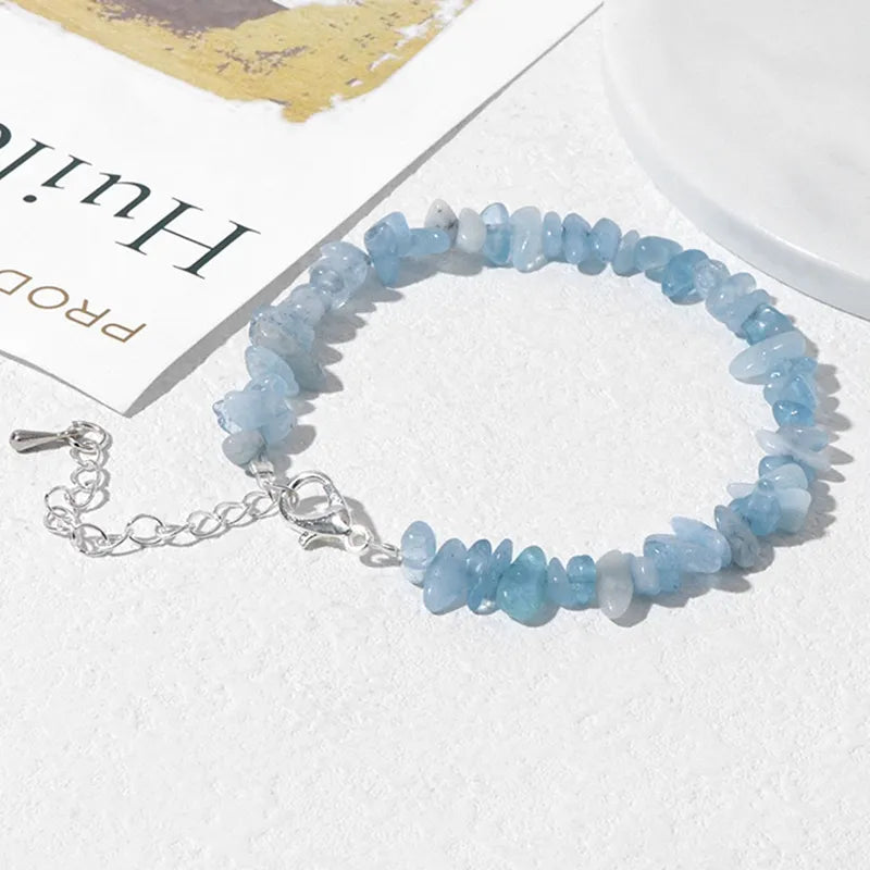 Silver Chain Aquamarine Bracelet: Natural Gem Gravel Semi-Precious Stone Chip Beads