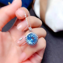 Sky Blue Aquamarine Zircon Created Gem Pendant Necklace For Women White Gold Color Thick Plated Sweater Chain Fashion Jewelry