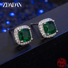 ZDADAN 925 Sterling Silver 9mm Square Emerald Earring For Women Fashion Jewelry