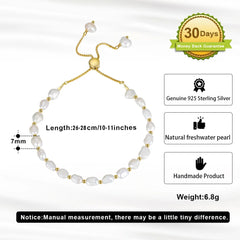 EFFIE QUEEN Natural Baroque Pearl Bracelet: 925 Sterling Silver with 14K Gold Adjustable Chain Link