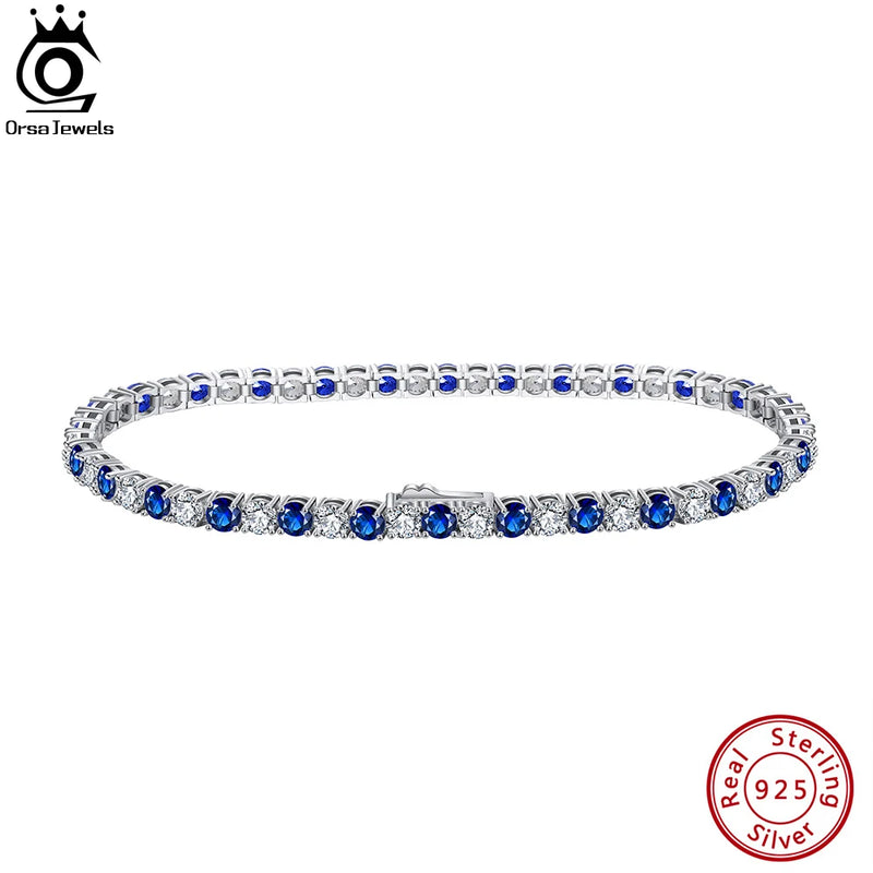 ORSA JEWELS Tennis Bracelet: 925 Sterling Silver, Featuring 3.0mm Clear and Sapphire Cubic Zirconia, Women's Fashion Chain Bracelet