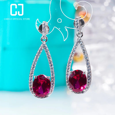 Luxury Ruby Emerald S925 Sterling Silver Platinum Plated Long Earrings