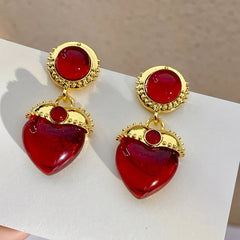 Chic Vintage: Retro Matte Red Love Resin Earrings with Niche Design, Infusing Light Luxury