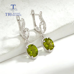 Elegant Drops: TBJ Natural Peridot 7x9mm Oval Gemstone Silver Clasp Earrings for Women