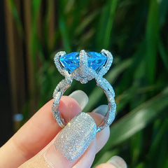 Elegant Silver & Blue Zircon Cocktail Ring for Women