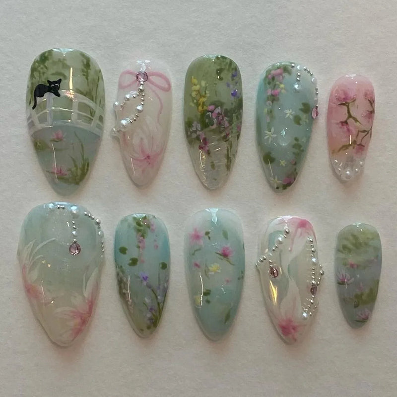 24Pcs Short Round Head Almond Fake Nails with Flowers Grass Pattern Wearable False Nails Tips Summer Full Cover Press on Nails