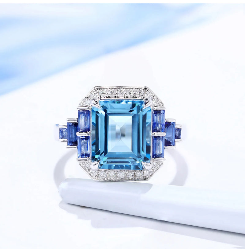 White Gold Plated Luxury Shinning Created-Aquamarine Tanzanite Created-sapphire Square Shape Ring for Women Free Shipping