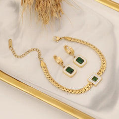 316L Stainless Steel Square Emerald Zircon Thick Chain Necklace Bracelet Earring Set Joyeria Acero Inoxidable Por Lotes