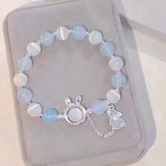 Rabbit Pendant Opal Beaded Bracelet: Aqua Blue Moonstone Crystal Hand String Chain