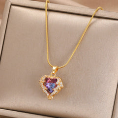 Radiant Heart: Colorful Zircon Pendant on Golden Stainless Steel Chain - Symbol of Love