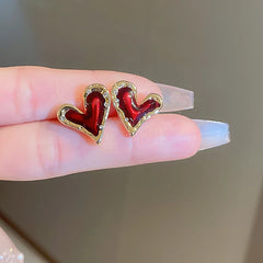 Cute and Classic: Red Enamel Metal Heart Earrings for Women with Gold Plating Post Studs