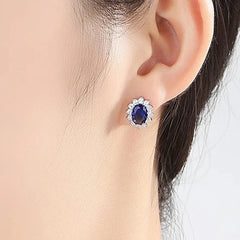 YANHUI Allergy-Free Tibetan Silver Earrings: Blue Oval Shape Lab Sapphire Studs for Women