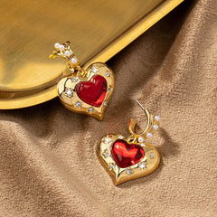 European and American Retro Sweet Romantic Red Heart Earrings for Women