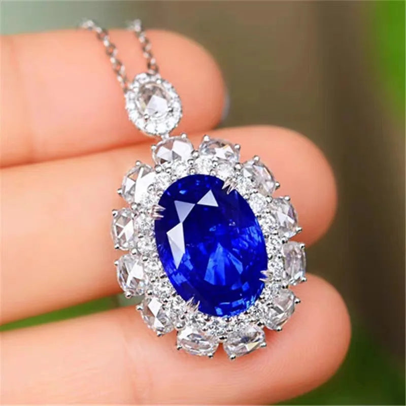 Sapphire Zircon Pendant Necklaces: Elegant Oval White CZ Flower Shape