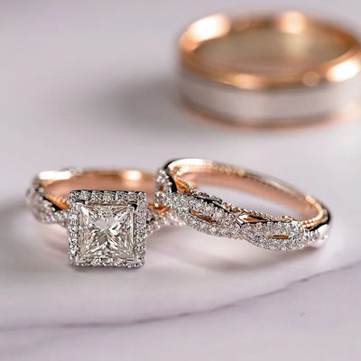 18K Rose Gold Princess Real Diamond Ring for Women Anillos Mujer Bizuteria Gemstone Femme Loves Jewelry Set Rose Gold Rings