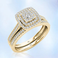 2pcs Engagement Ring Set for Women: Original 925 Sterling Silver, 14k Gold Plated, Bridal Round Cut Lab Diamond Jewelry