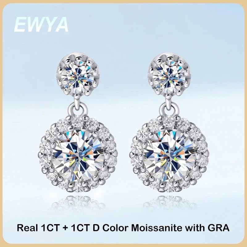 EWYA D Color 1CT 6.5mm Moissanite Drop Earrings For Women Girls Party Fine Jewelry S925 Sterling Silver Diamond Stud Earring