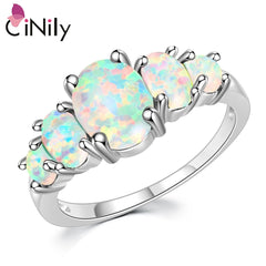 CiNily White Fire Opal Rings with Oval Big Stone: Silver Plated Wedding Engagement Minimalist Bohemia Boho Jewelry