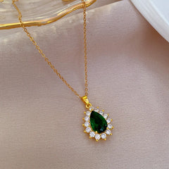 OIMG Stainless Steel Fashion Big Emerald Gemstone Geometric Necklace